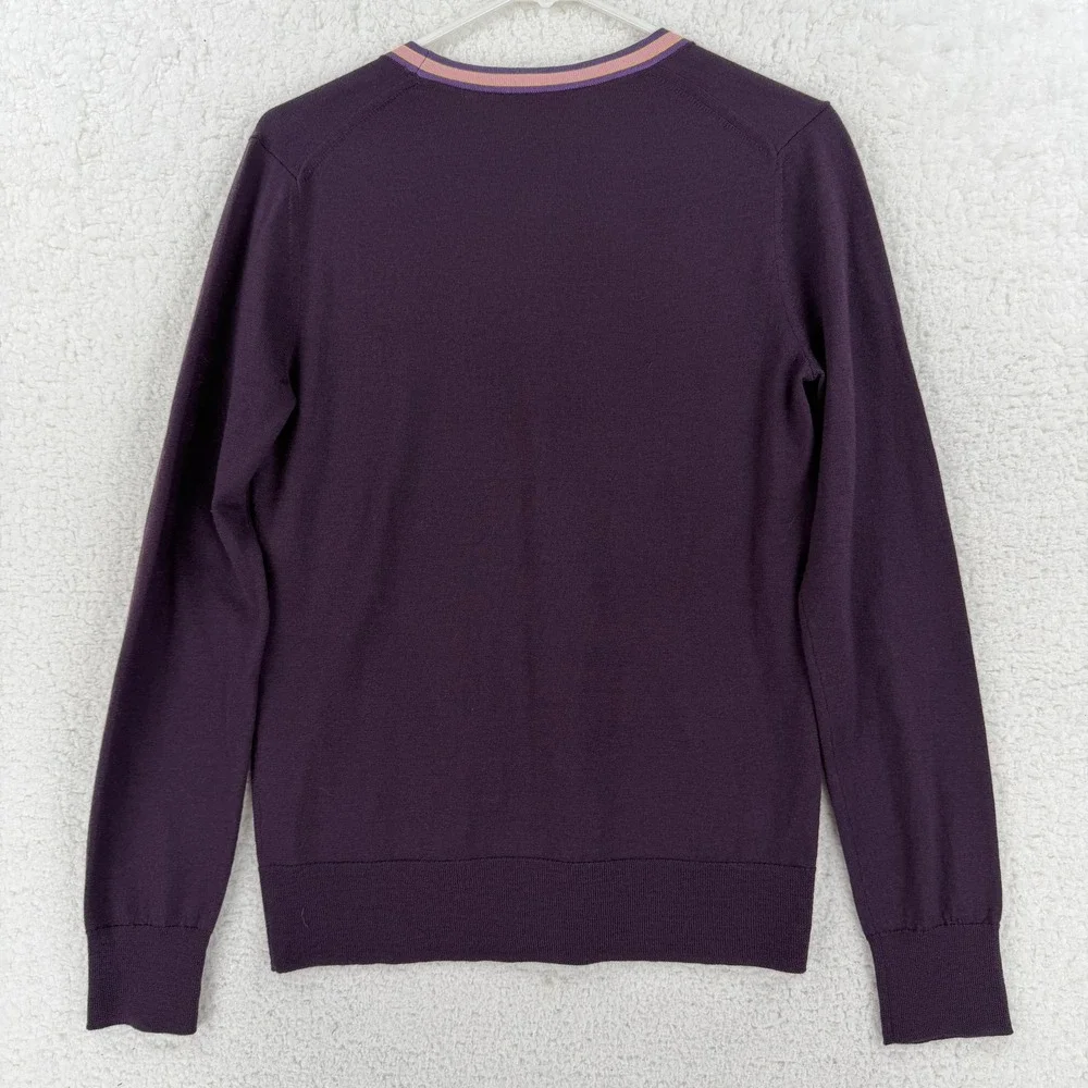 Tory Burch Sweater Cardigan Womens Small Purple 100% Merino Wool V Neck‎ Logo
